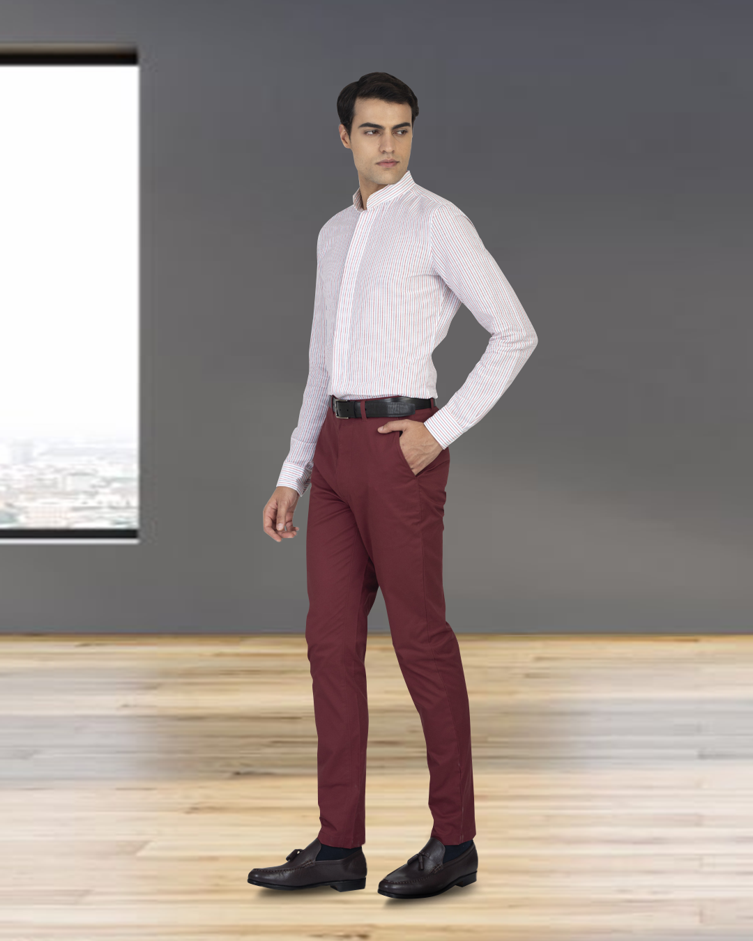 Sdie view of model wearing custom Genoa Chino pants for men by Luxire in plum