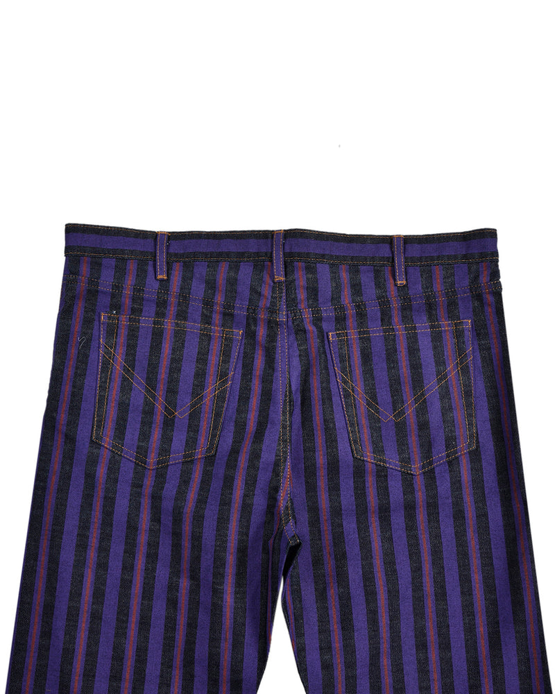 Back view of custom denim jeans for men by Luxire with purple stripes