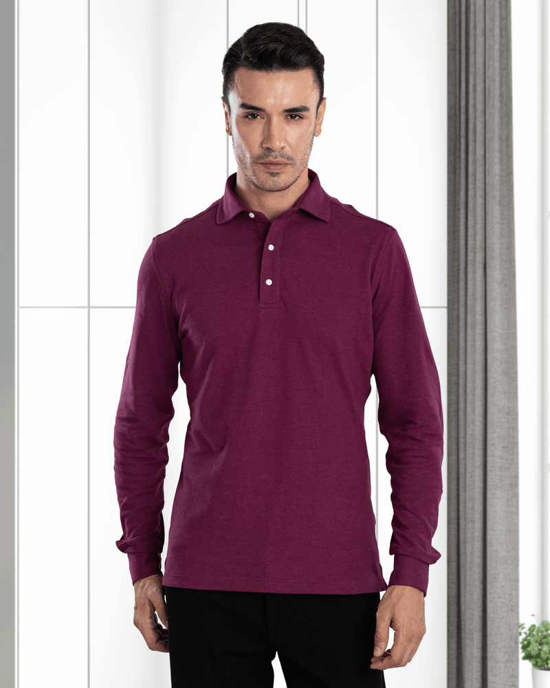 Model wearing mens wool jeans by Luxire in black wearing purple shirt