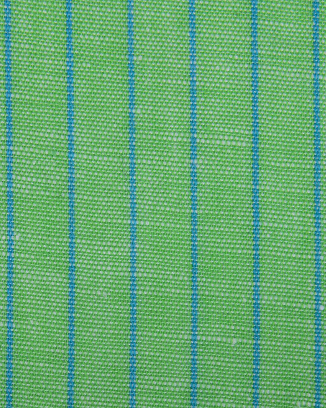 Close up of the custom linen shirt for men in green with blue pencil stripes by Luxire Clothing
