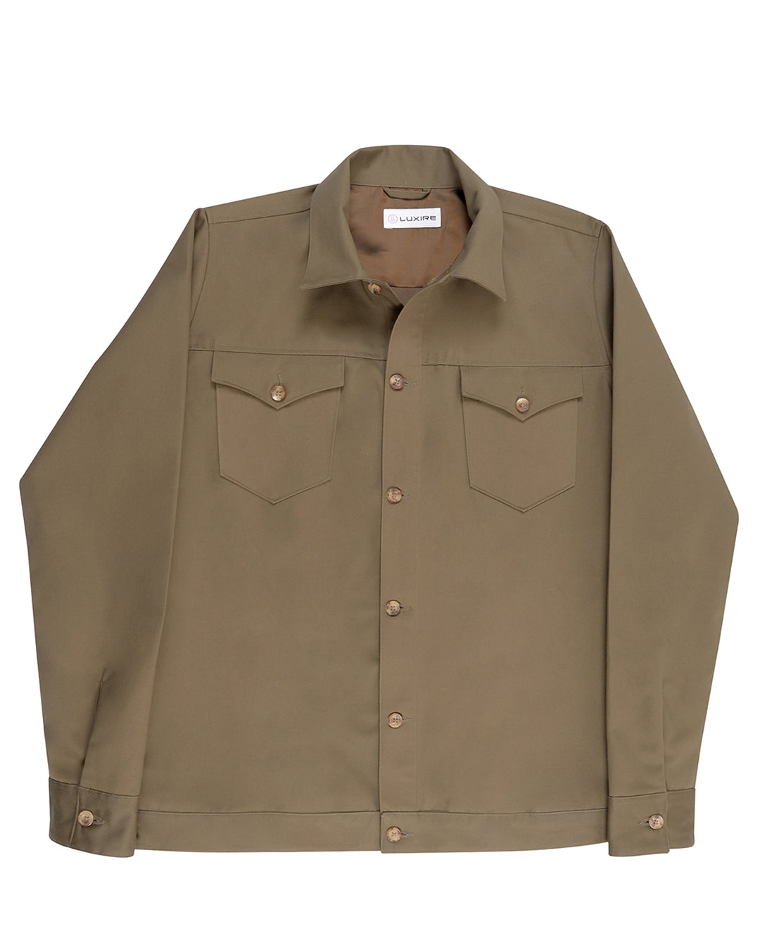 Front of the drab twill shirt jacket for men by Luxire  2
