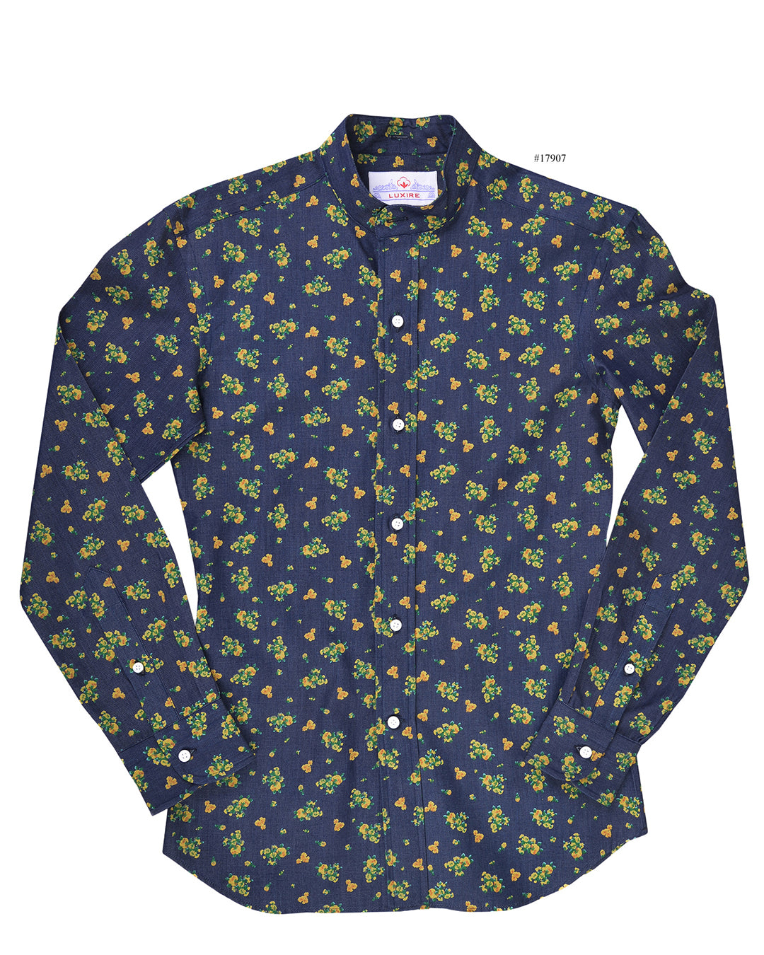 Indigo Denim Printed Green Yellow Flowers