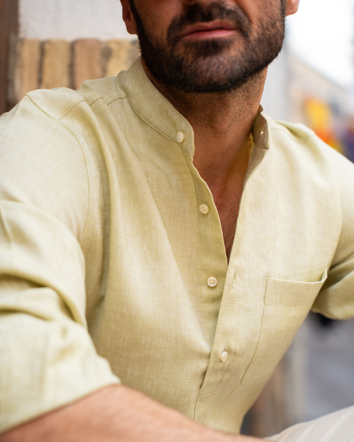 Light Olive Green Slub Linen Summer Shirt - 15