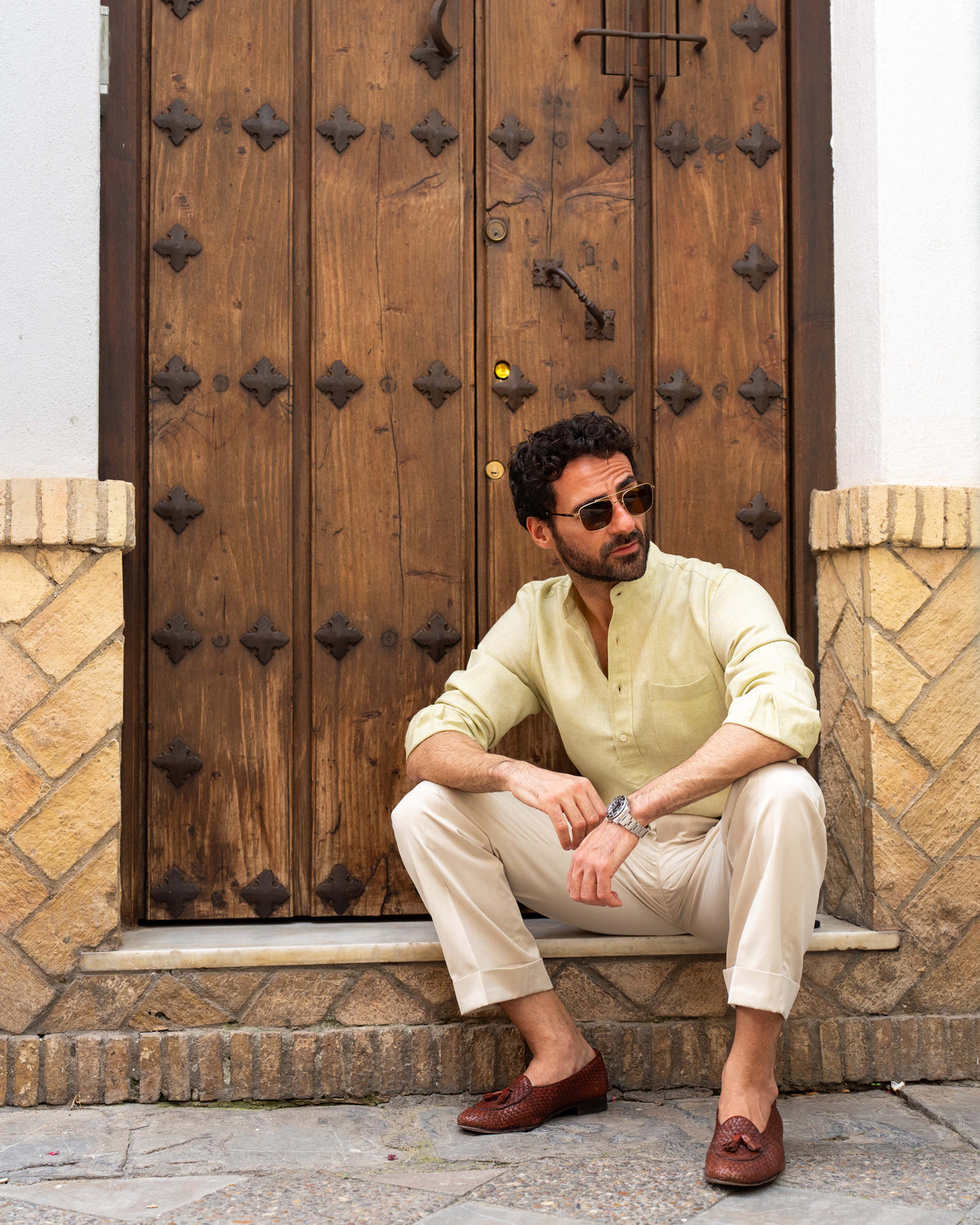 Light Olive Green Slub Linen Summer Shirt - 12