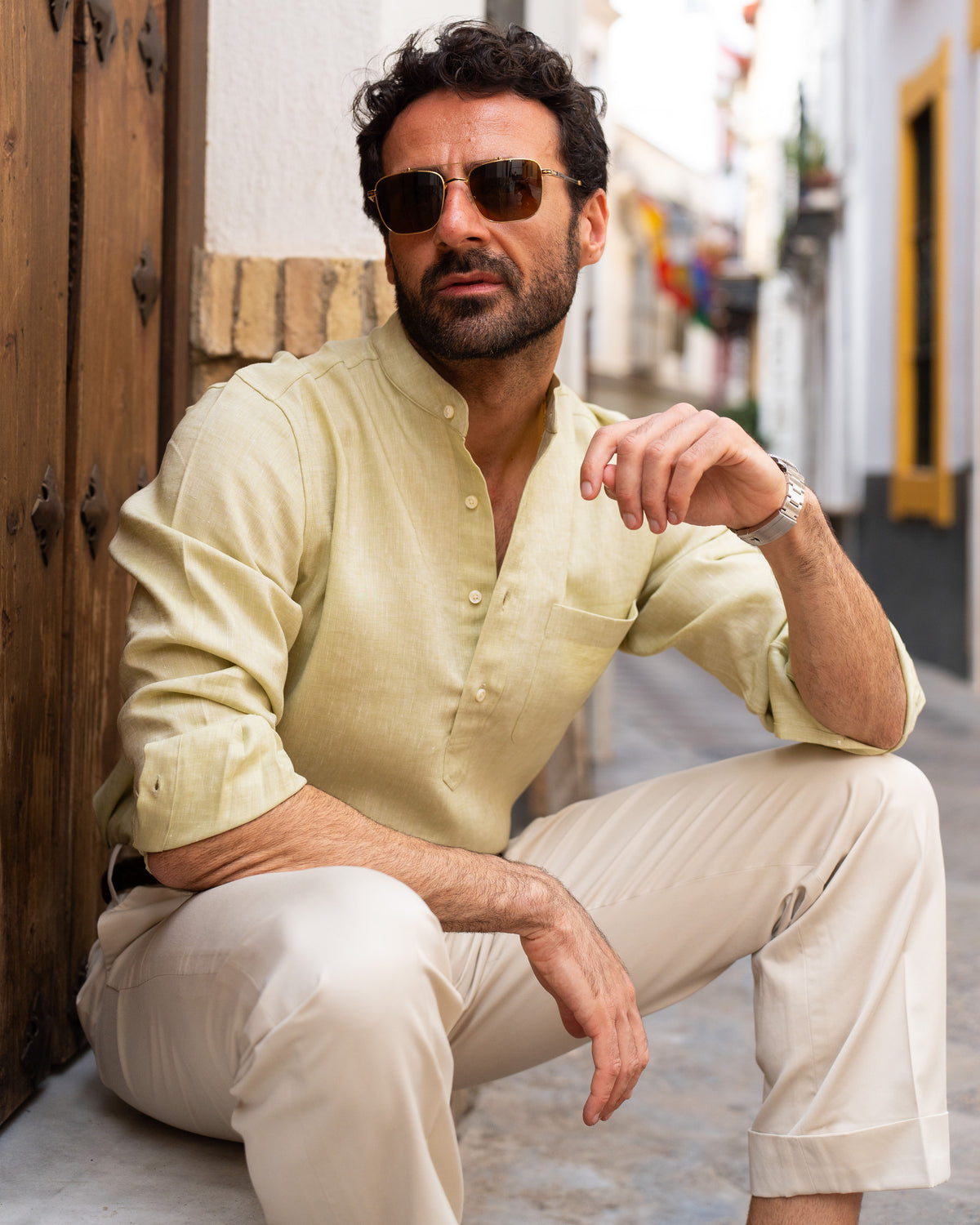 Light Olive Green Slub Linen Summer Shirt - 9
