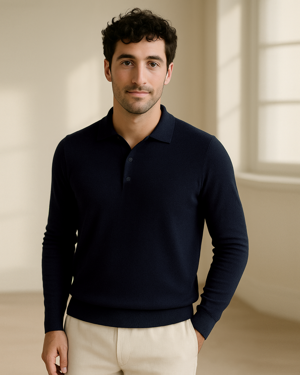 EZS Merino Wool Navy Long Sleeve Polo - 2