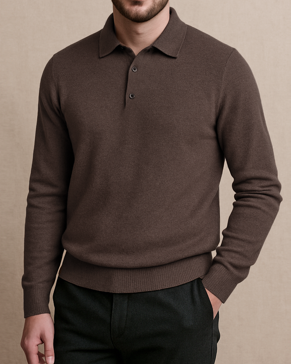 EZS Merino Wool Brown Long Sleeve Polo - 1