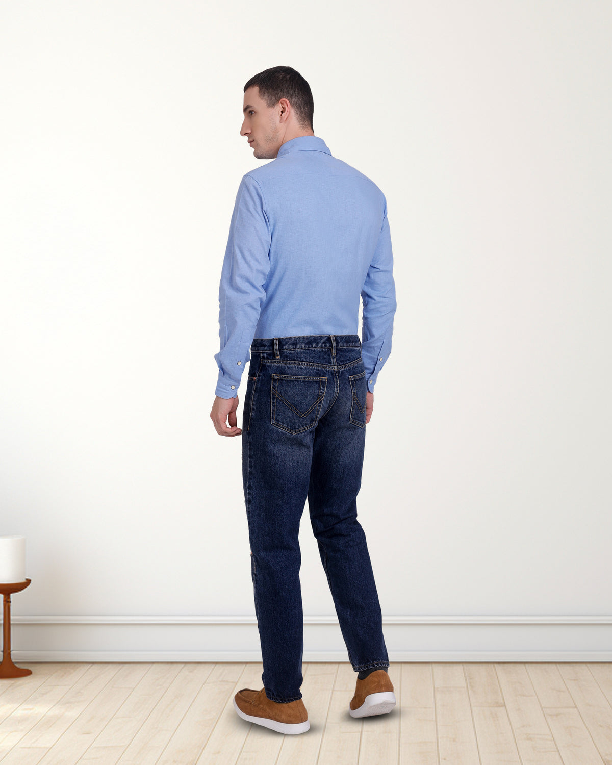 Faded Medium Indigo Washed Distressed Jeans - 6