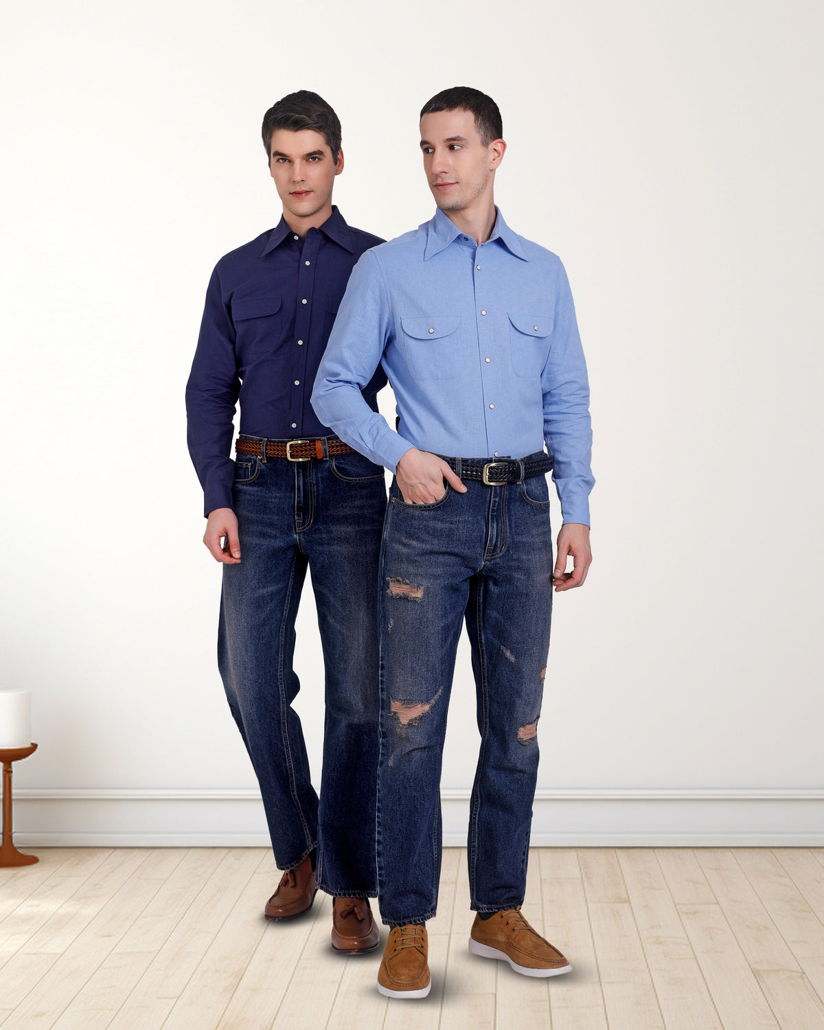 Faded Medium Indigo Washed Distressed Jeans - 5