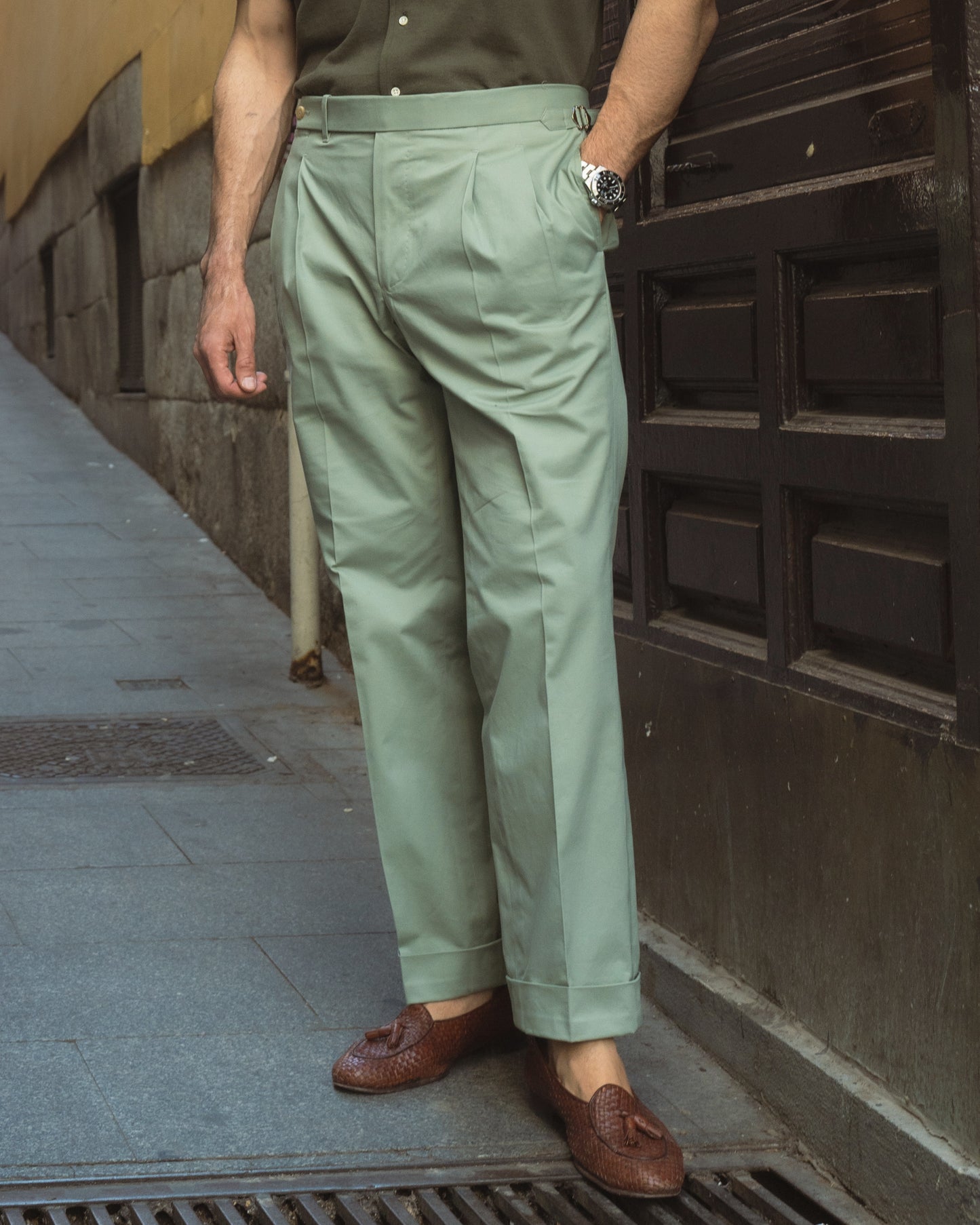 Pleated Pistachio Green Cotton Twill Pant