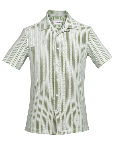 Summer Camp Collar Casual Shirt in White and Green Stripes