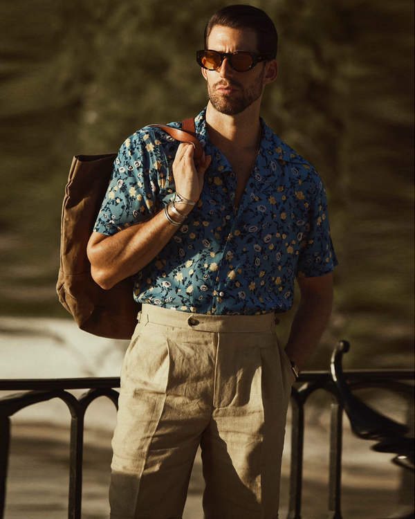 White and Yellow Flower on Light Blue Printed Shirt
