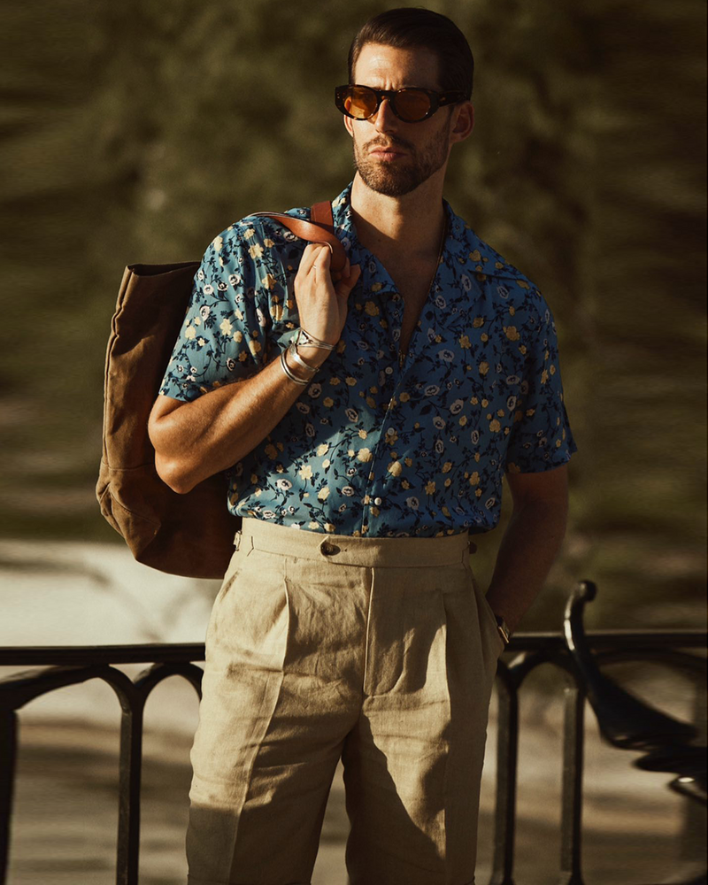 White and Yellow Flower on Light Blue Printed Shirt