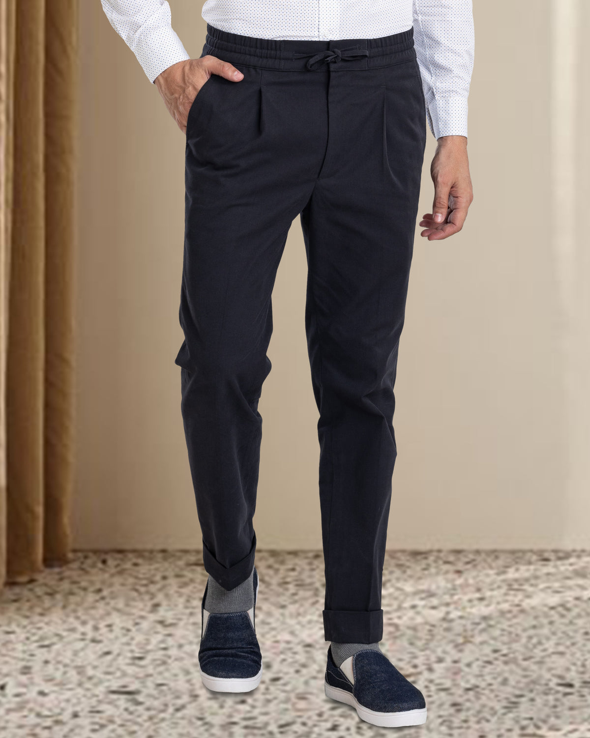 Charcoal Grey Birds Eye Drawstring Pant - 1