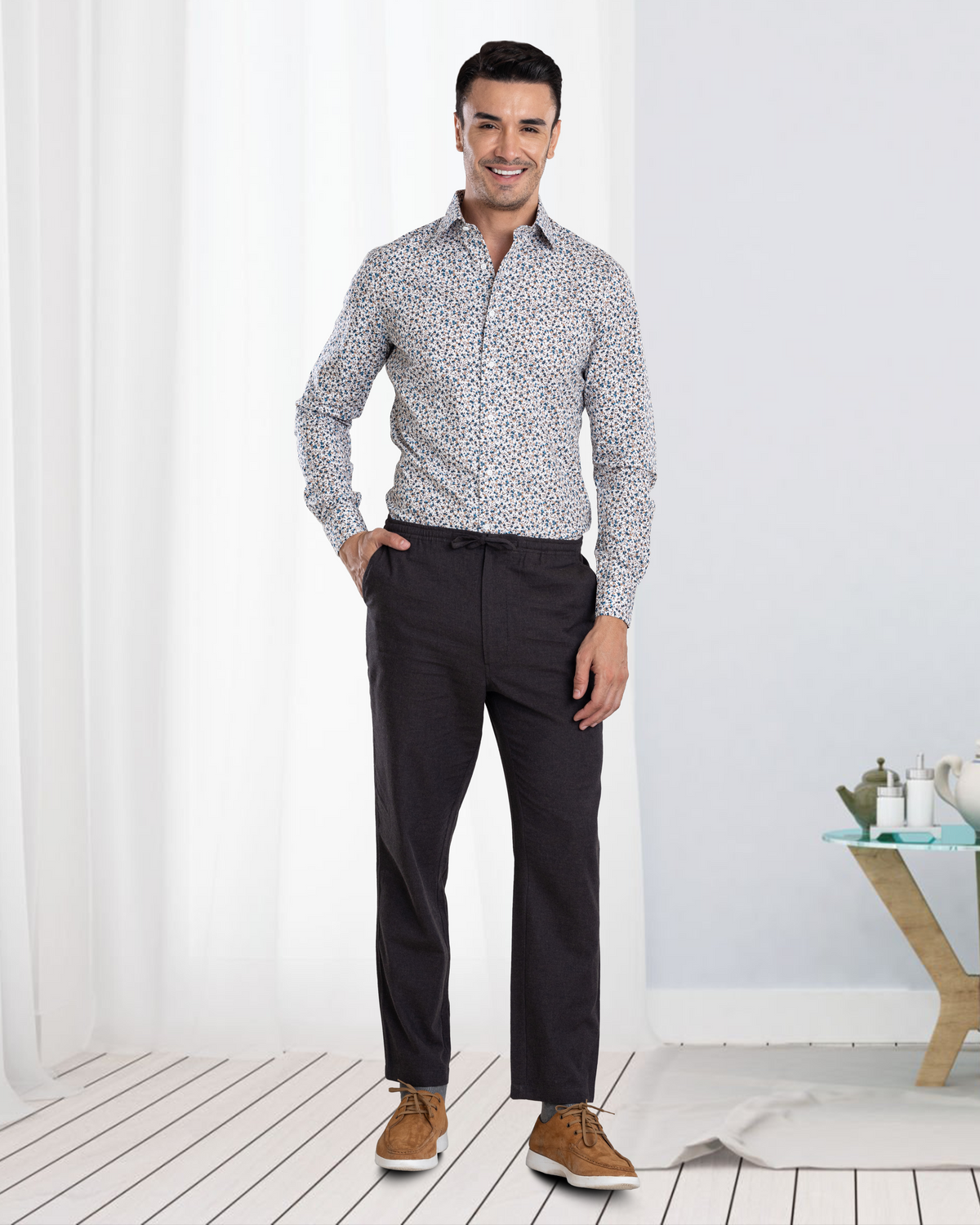Charcoal Grey Milange Cotton Flannel Drawstring Pant - 4