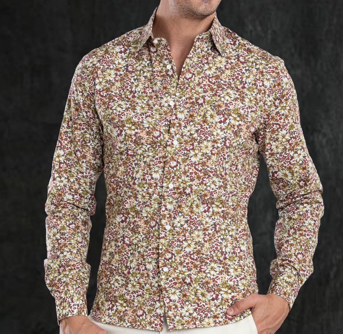 Olive Green Maroon prints on White - 1