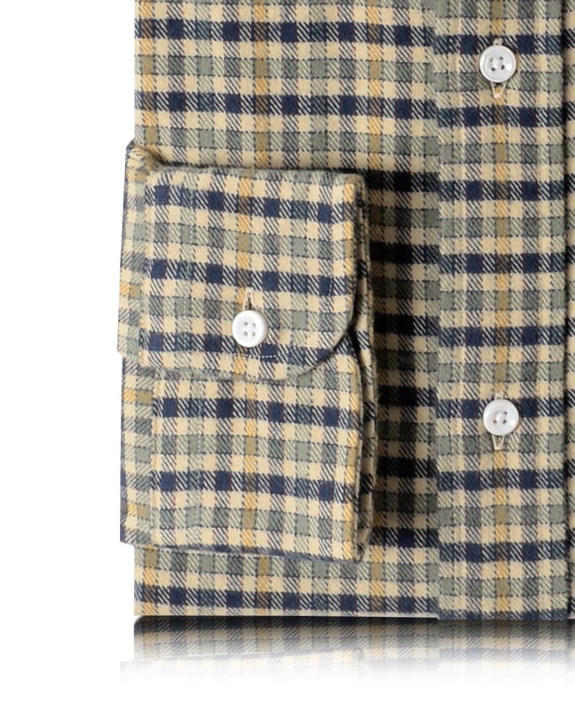 Navy Green Tattersall On Beige Flannel Shirt - 3