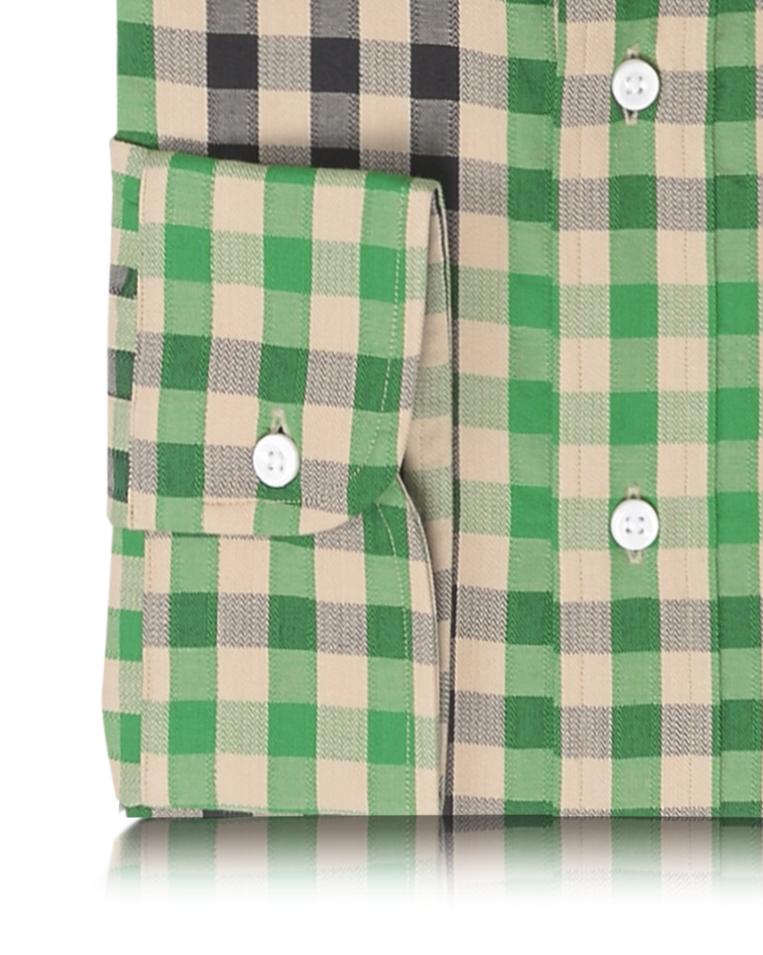 Checks: Green Black Macro Gingham Herringbone Shirt - 3