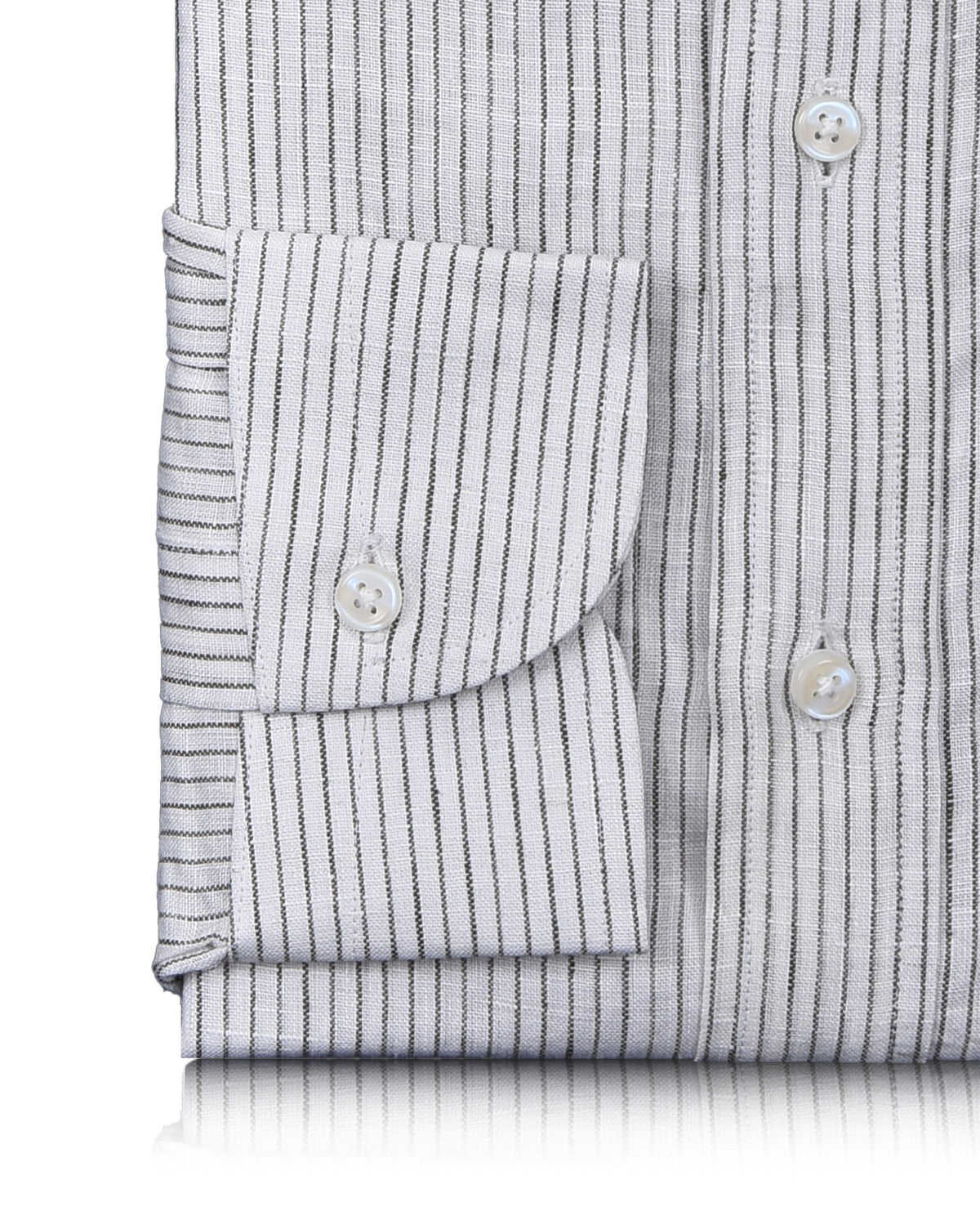 Linen: Olive Green Pin Stripes On White Shirt - 3
