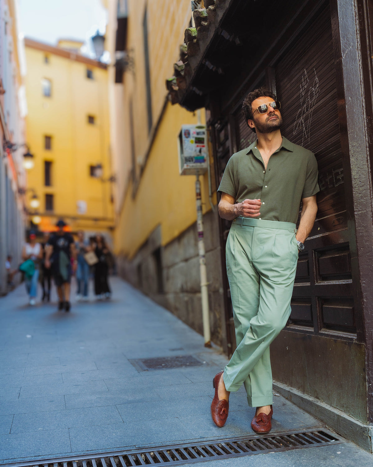Pleated Pistachio Green Cotton Twill Pant - 3