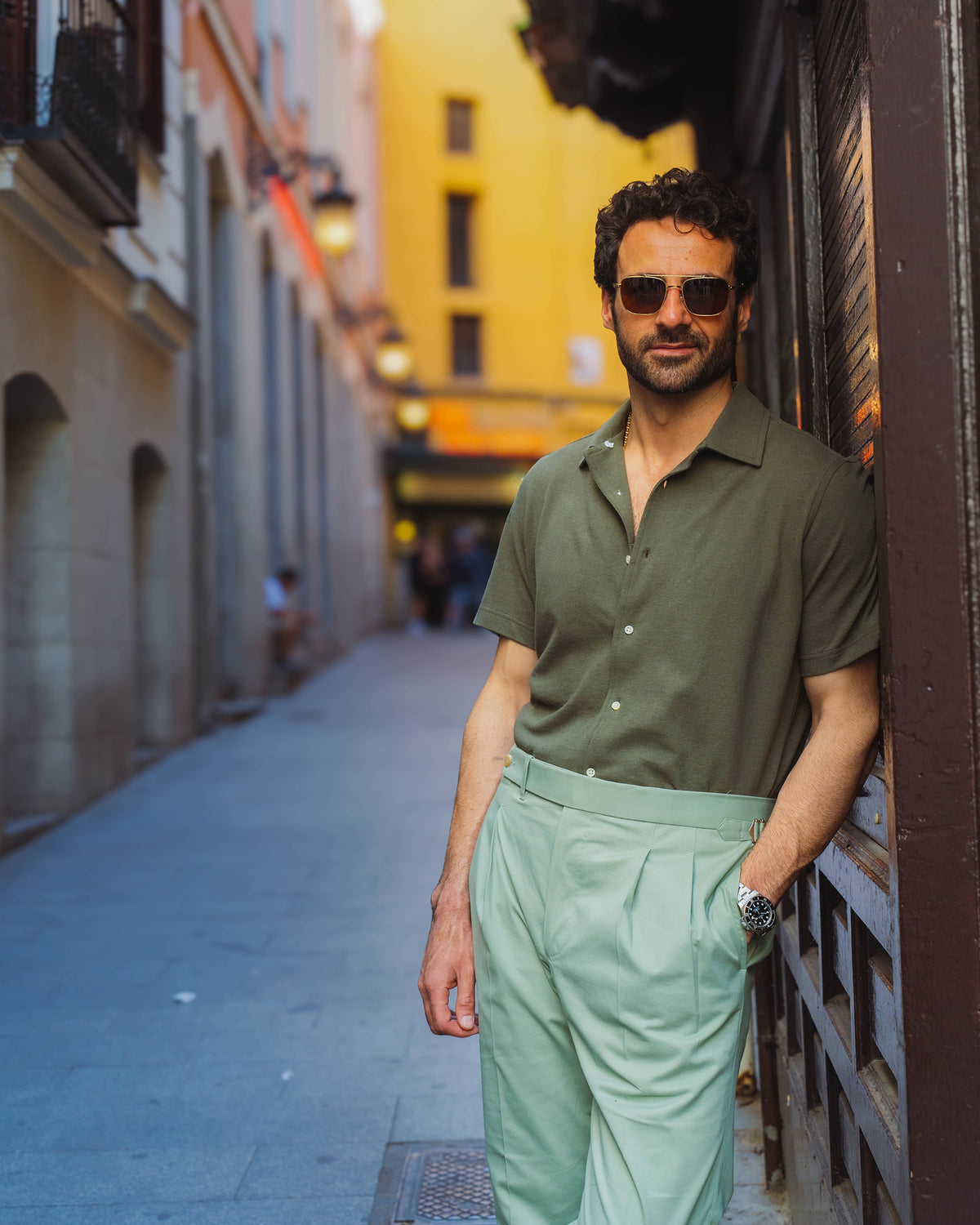 Pleated Pistachio Green Cotton Twill Pant - 5