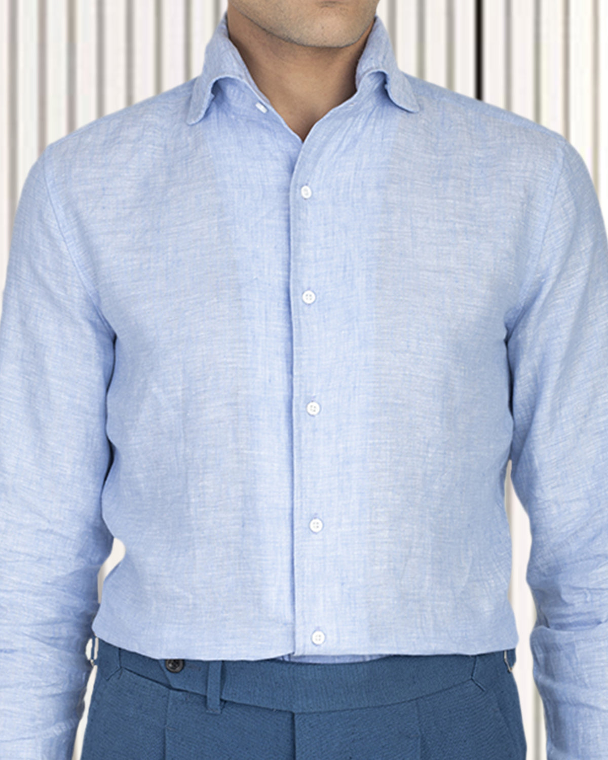 Linen Cotton: Light Blue Chambray one piece collar placket - 1