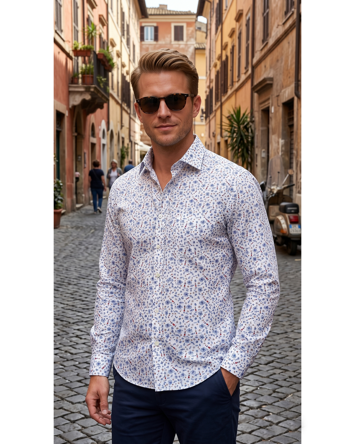 Getzner Navy & Red Print on White Shirt - 1