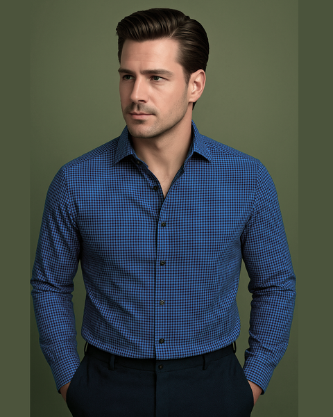 Black and Blue Micro Gingham Checks Shirt