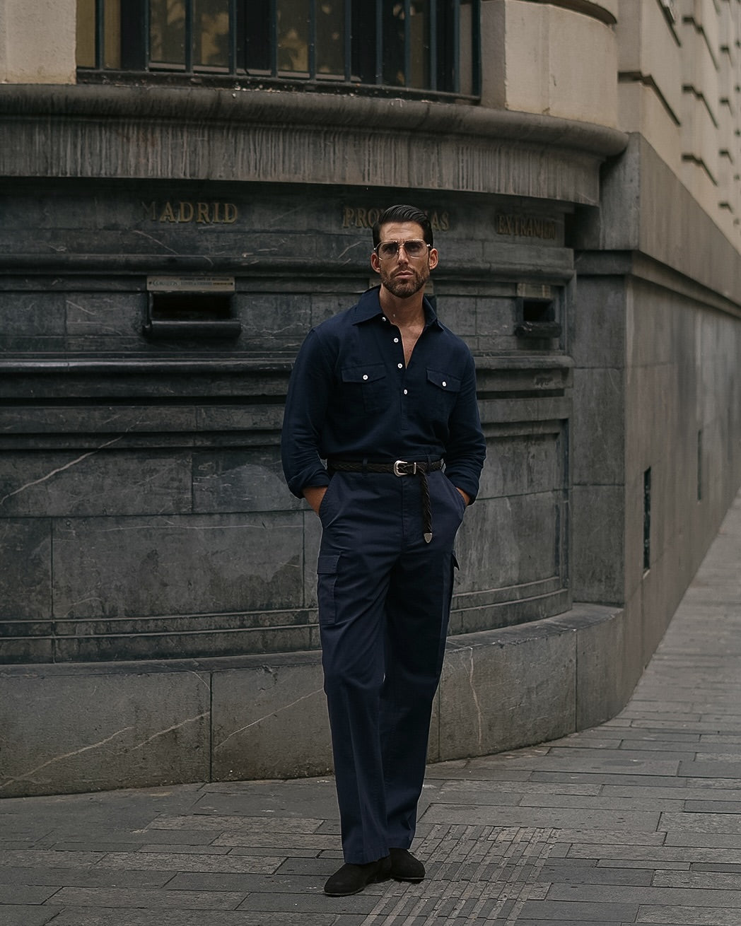 Navy Cotton Twill High Rise Cargo Pant