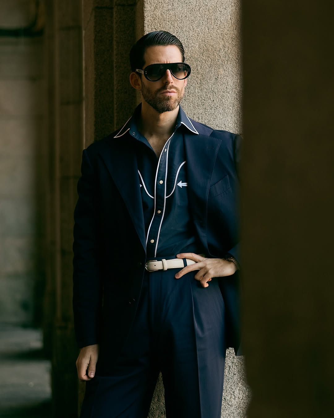 Navy Pinpoint Oxford Sartorial Western Shirt - 4