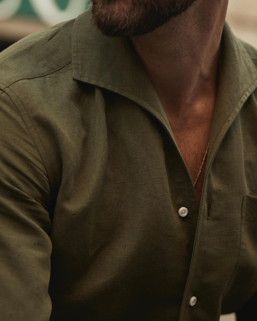 Summer Olive Linen Shirt with one piece collar placket - 6