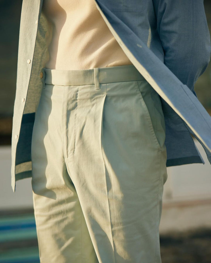 Pleated Powder Blue Twill High Rise Pant