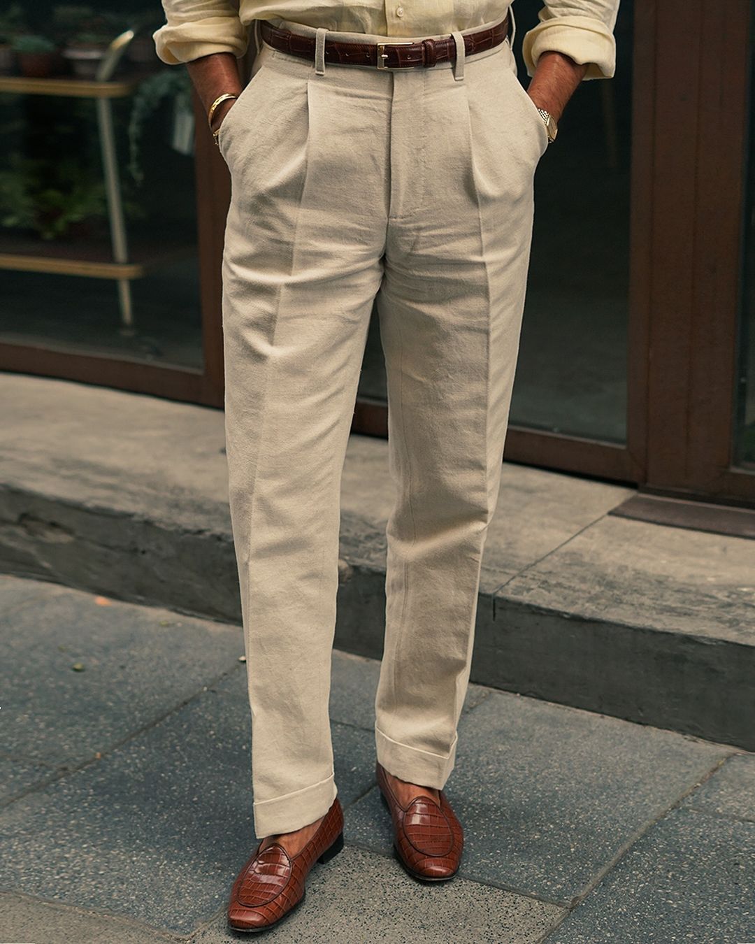 Pleated Linen Vintage Cream Birdseye Pant - 1