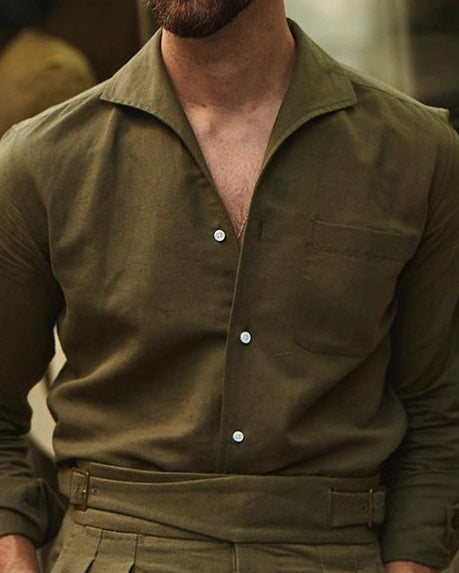 Summer Olive Linen Shirt with one piece collar placket - 1