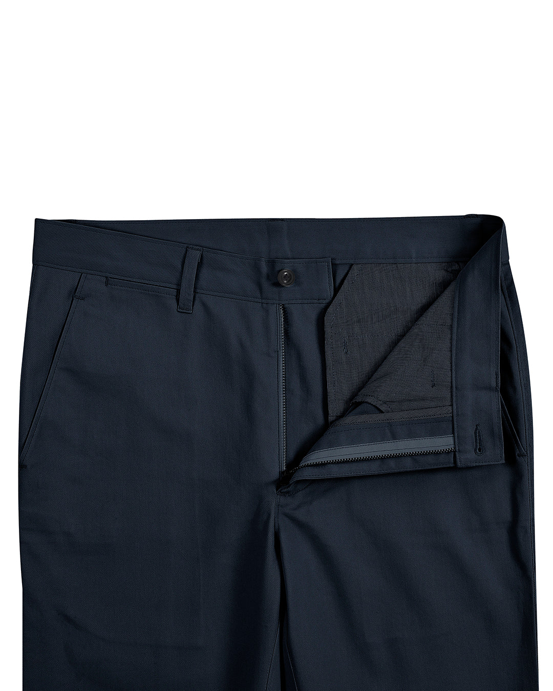 Front open view of custom Genoa Chino pants for men by Luxire in dark teal blue