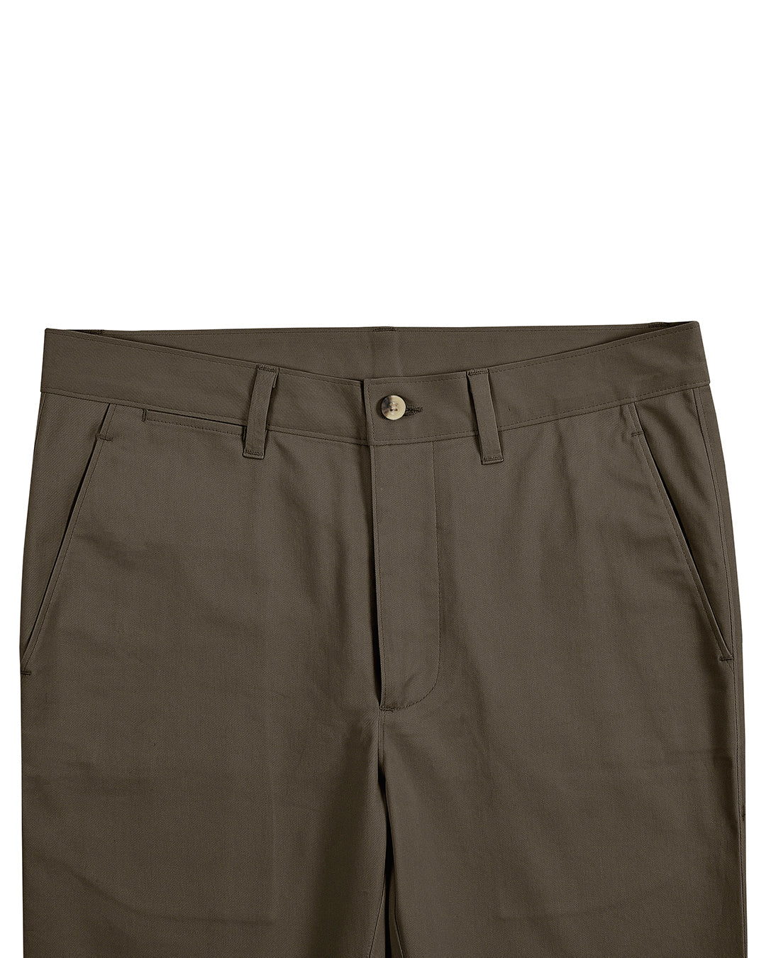 Front view of custom Genoa Chino pants for men by Luxire in khaki brown