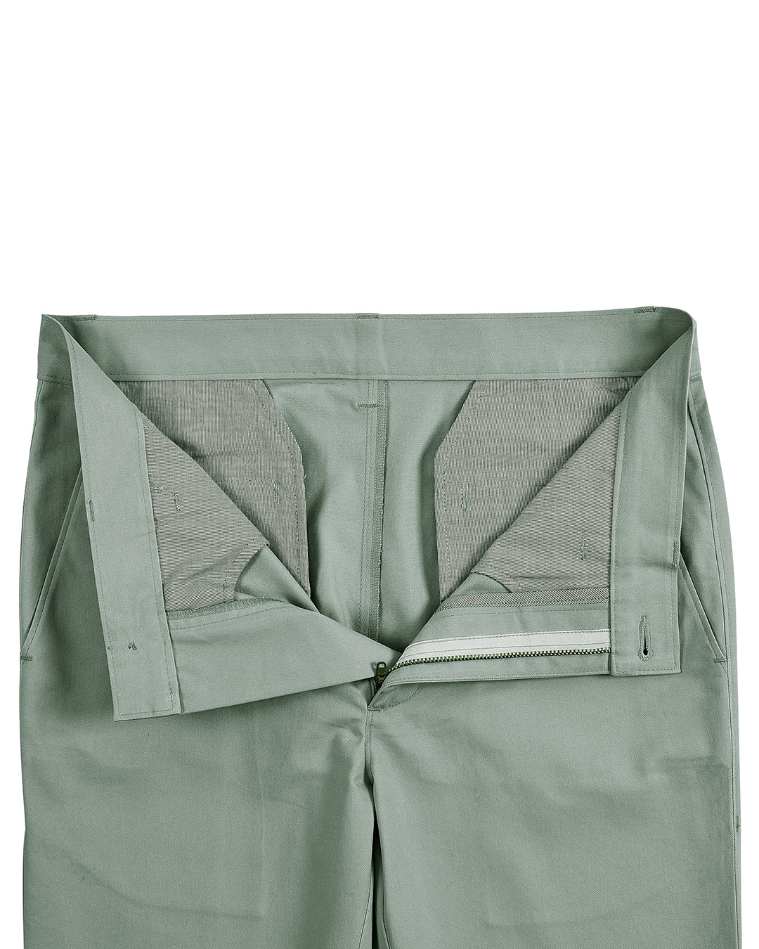 Open front view of custom Genoa Chino pants for men by Luxire in pistachio green