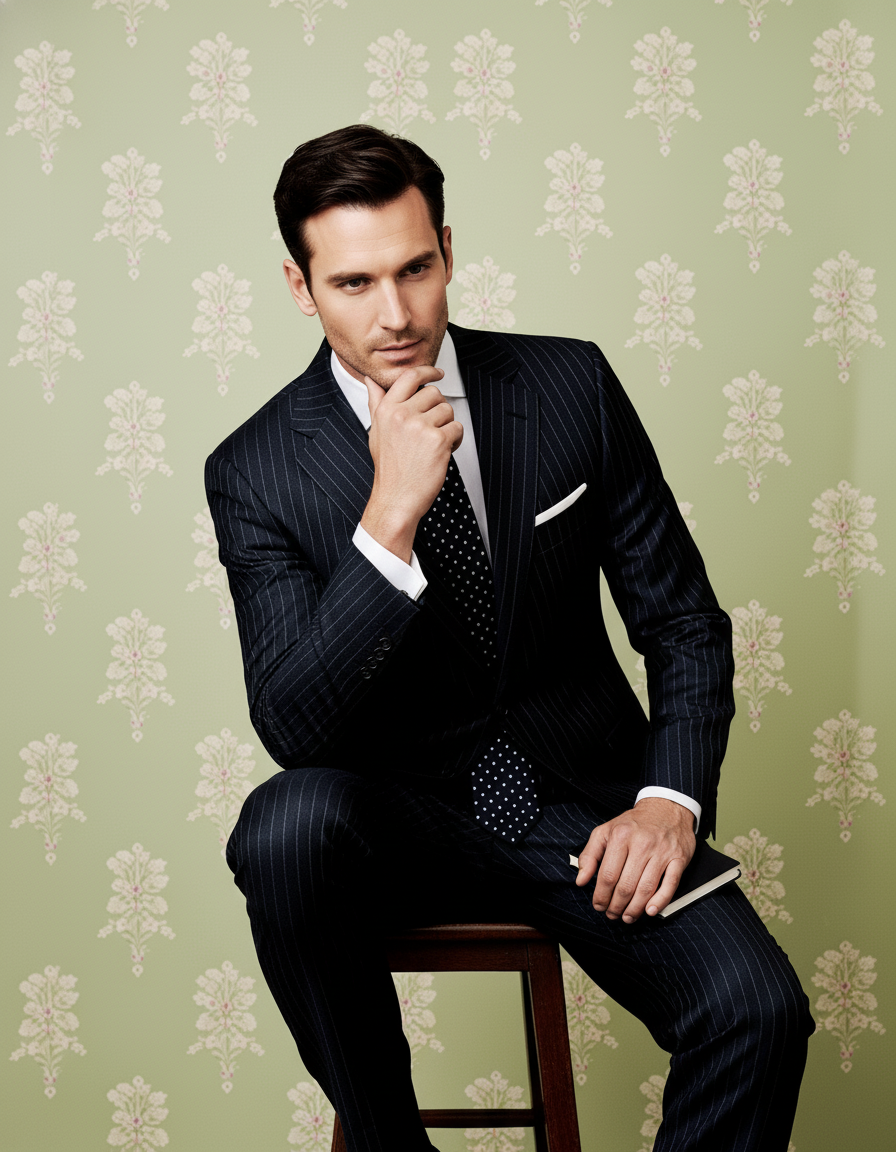 Navy Wool Pinstripes Suit - 10