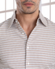 Model close up wearing custom check shirts for men by Luxire multicoloured twill