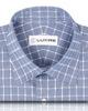 Front close up view of custom check shirts for men by Luxire in navy blue white grid