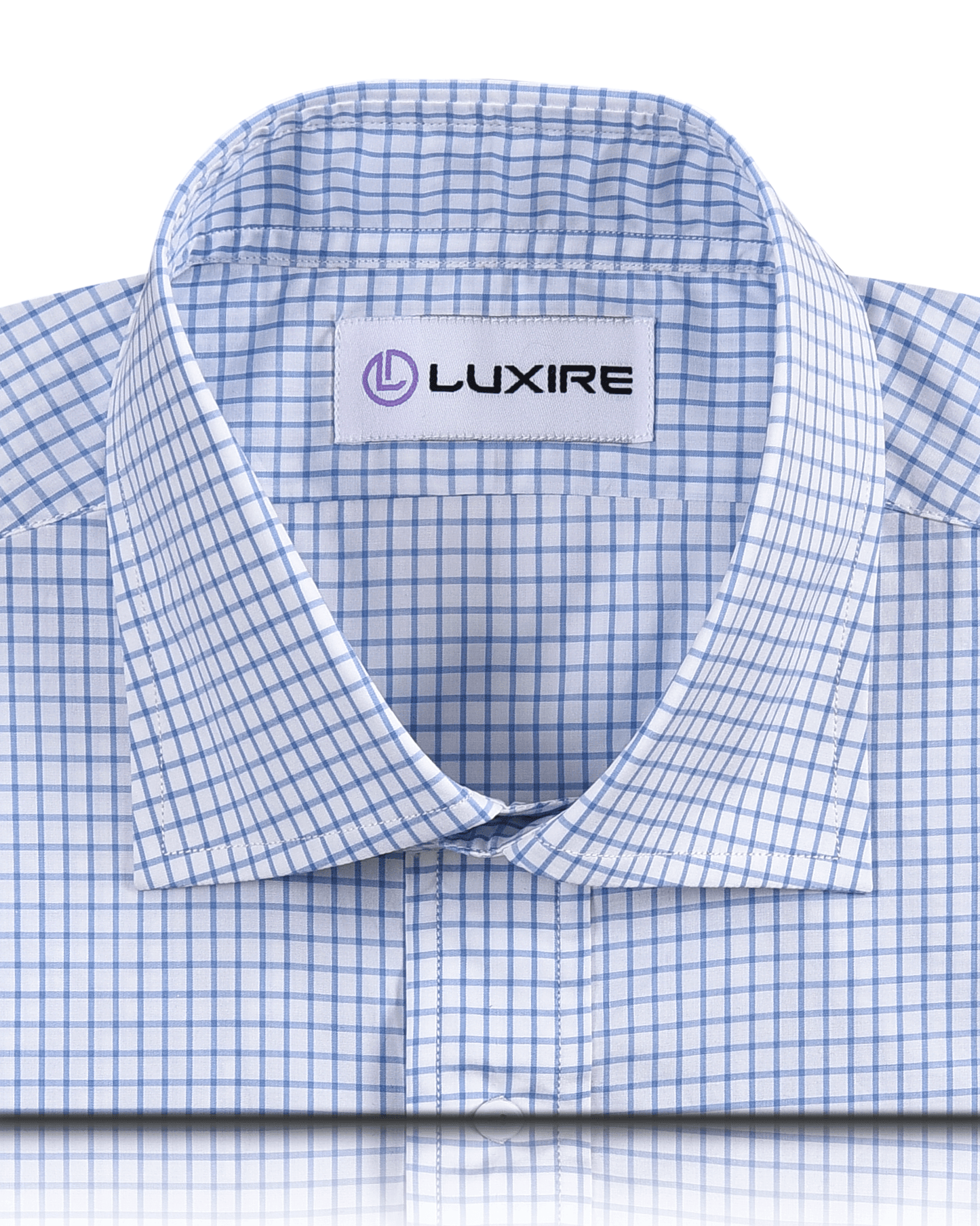 Front close view of custom check shirts for men by Luxire brembana sky blue