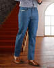 Model wearing custom broken slub jeans for men by Luxire in light blue 2