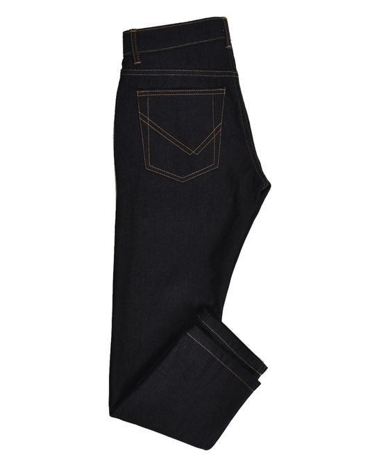 Side profile view of mens jeans by Luxire in indigo