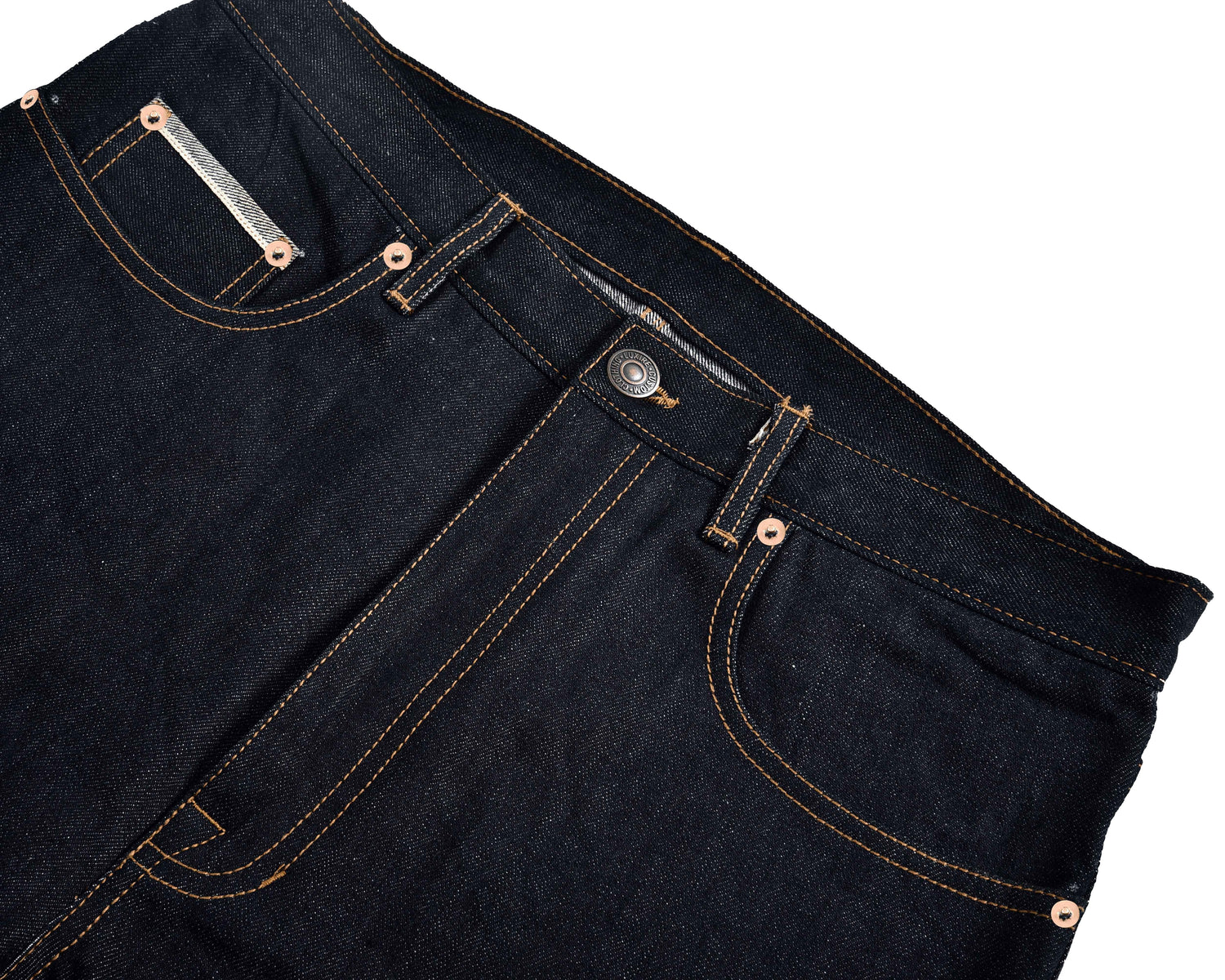 Front view of mens Japanese Kaihara jeans by Luxire in indigo 2