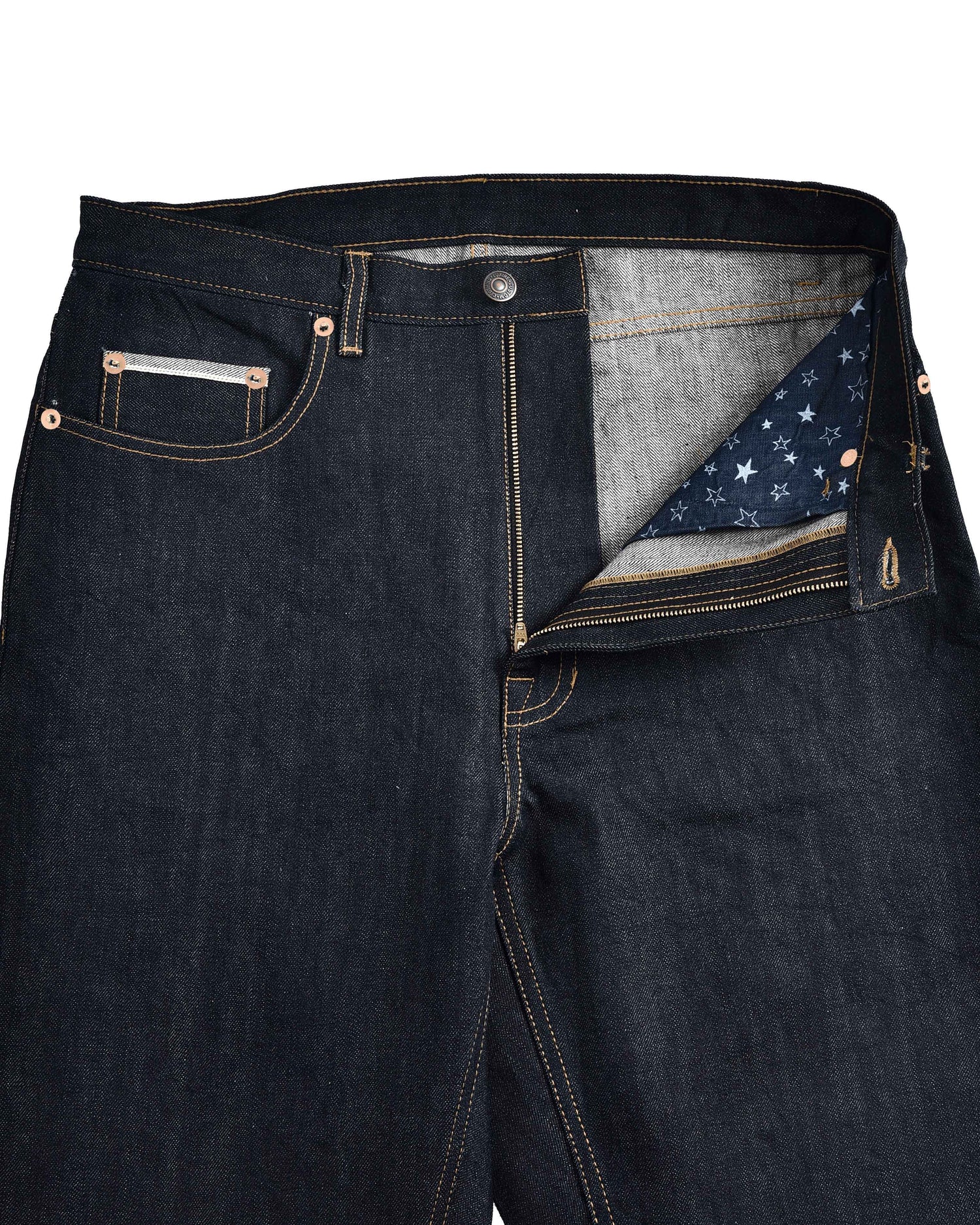 Front open view of mens Japanese Kaihara jeans by Luxire in indigo