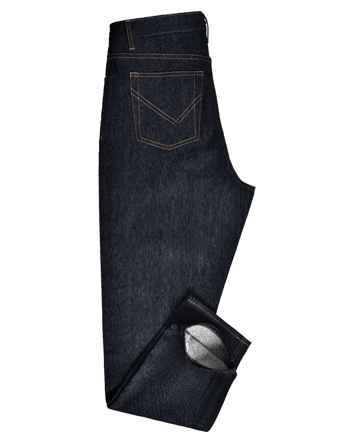 Side view of mens Japanese Kaihara jeans by Luxire in indigo 2
