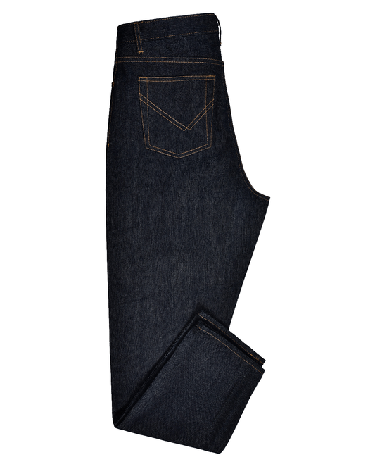 Side view of mens Japanese Kaihara jeans by Luxire in indigo