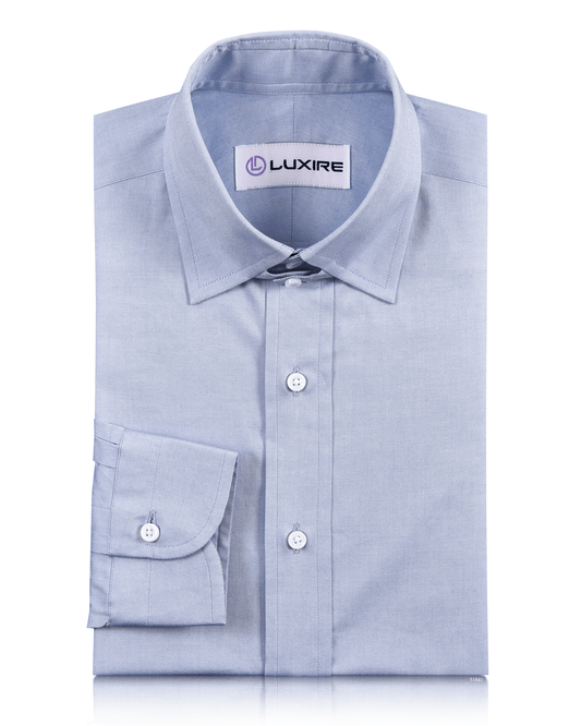 Front of the custom oxford shirt for men by Luxire in blue pinpoint