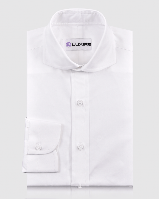 Front of the custom oxford shirt for men by Luxire in white pinpoint