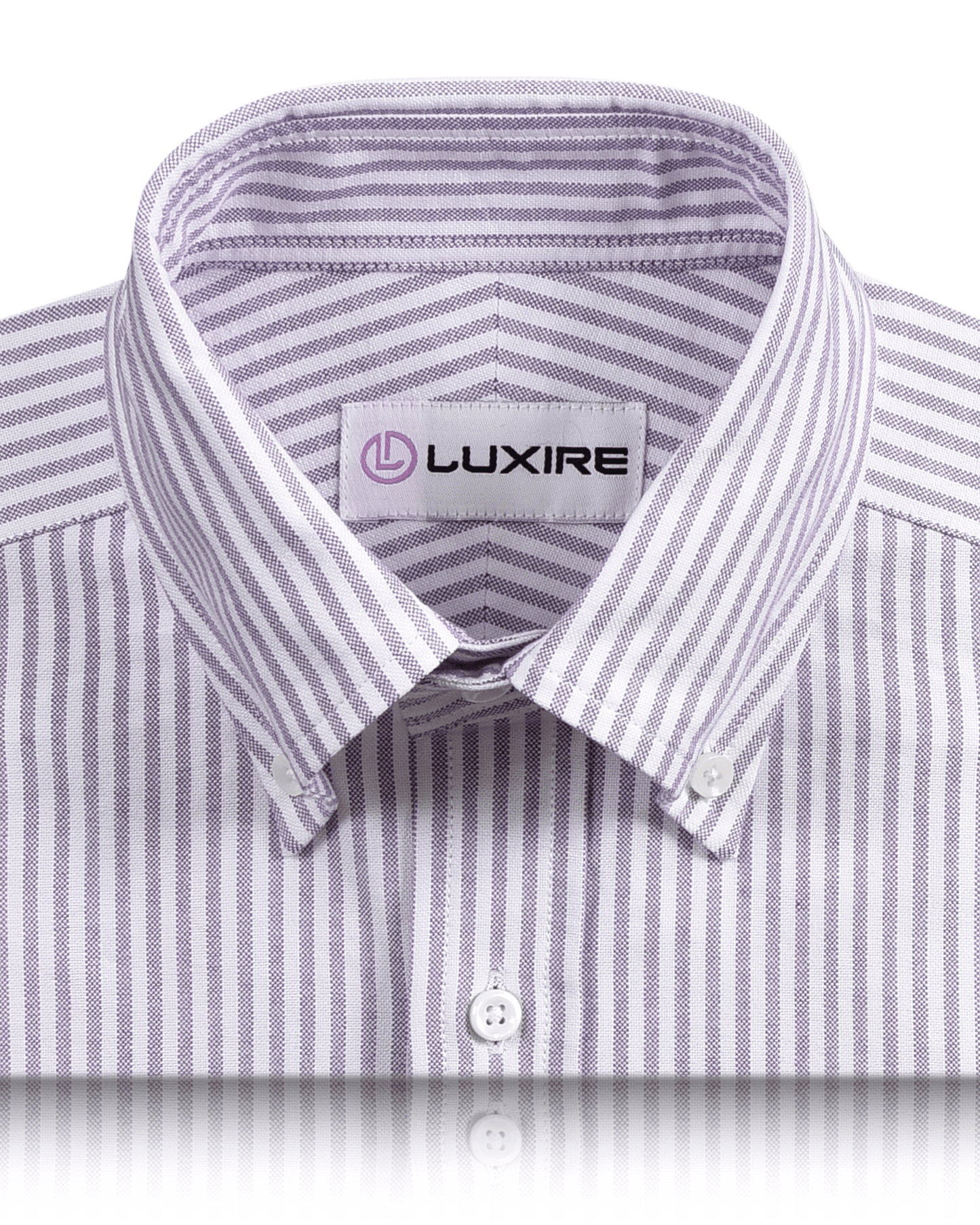 Collar of the custom oxford shirt for men by Luxire in white with purple dress stripes